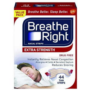 lot 69399 image: Breathe Right Extra Strength Tan Nasal Strips Nasal Congestion Relief due to Colds & Allergies Drug-Free 44 count