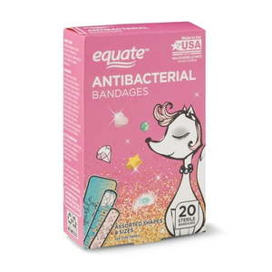 lot 69400 image: Equate Kids Antibacterial Bandages, Assorted Sizes, 20 count