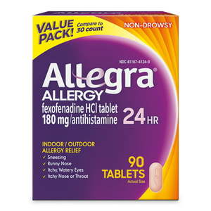 lot 69435 image: Allegra Adult 24HR Non-Drowsy Allergy Symptom Relief Tablets 90 Ct