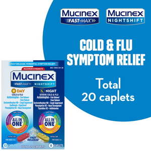lot 69439 image: Maximum Strength Mucinex Fast-Max Day Cold & Flu & Nightshift Night Severe Cold & Flu All In One Fast Release Powerful Multi-Symptom Relief 20 caplets (12 Day time  8 Night time)