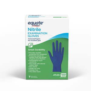 lot 69488 image: EQUATE NITRILE EXAM GLOVES ONE SIZE FITS MOST 100 COUNT