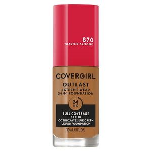 lot 69497 image: Covergirl Outlast Extreme Wear 3-in-1 Full Coverage Liquid Foundation, SPF 18 Sunscreen, Toasted Almond, 1 Fl. Oz. (B08PW3JVZ1)