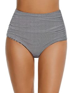 lot 81101 image: AiMage High Waisted Swimsuit Bottom For Women Tummy Control Ruched Bikini Bottom Tankini Briefs Stripe Medium