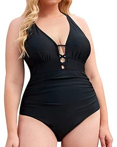 lot 81102 image: Yonique Women Plus Size One Piece Swimsuit Tummy Control Bathing Suits Lace Up Plunge Swimwear Black Xxl
