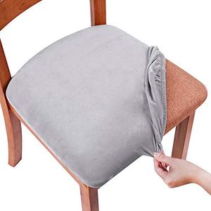 lot 81113 image: Smiry Original Velvet Dining Chair Seat Covers, Stretch Fitted Dining Room Upholstered Chair Seat Cushion Cover, Removable Washable Furniture Protector Slipcovers With Ties - Set Of 4, Light Grey