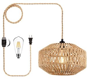 lot 81133 image: Plug In Pendant Light Hanging Lights With Plug In Cord Rattan Hanging Lamp Wicker Woven Basket Lampshade,Farmhouse Industrial Dimmable Boho Plug In Ceiling Light Fixture For Living Room Kitchen Island