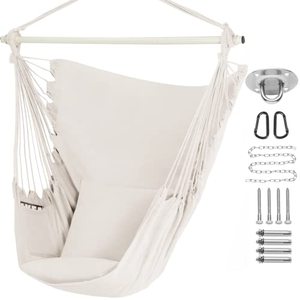 lot 81138 image: Pnaeut Hammock Chair Hanging Rope Swing, Max 500 Lbs, Hanging Chair With Pocket, 2 Cushions Included, Steel Spreader Bar With Anti-Slip Rings, Hardware Kits And Bag, For Indoor Outdoor (Natural)