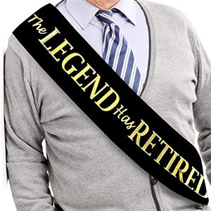 lot 81140 image: The Legend Has Retired Sash � Black And Gold Foil Retirement Sash With Large Gold Safety Pin For Women & Men. Great For Retirement Party, Events & Decorations By Jpaco