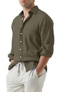 lot 81142 image: Jmierr MenS Cotton Linen Casual Stylish Button Down Shirt Long Sleeve Business Dress Shirts Fashion Summer Beach Shirts For Men Old Money Resort Wear With Pocket, Us 43(L), Armygreen