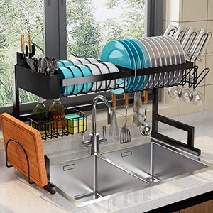 lot 81153 image: Ilvvan Over Sink Dish Drying Rack (Expandable HeightLength) Snap-On Design Large Dish Drainer Stainless Steel Storage Counter Organizer (24 - 35.5(L) X 12(W) X 19 - 22(H))
