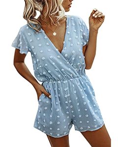 lot 81165 image: Btfbm Women 2023 Summer Fashion V Neck Wrap Rompers Swiss Dot Pocketed Elastic Waist Short Sleeve Beach Shorts Jumpsuit(Blue, Medium)