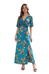 lot 81175 image: WomenS Summer Boho Floral Print Dress Twist Knot V Neck Short Sleeve Split Casual Maxi Dress