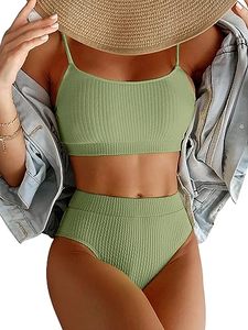 lot 81178 image: Lilosy Petite High Waisted Tummy Control Bikini Women Highwaisted Cheeky Crop Push Up Top Cut Leg Ribbed Sporty Brazilian Swimsuit Set Rise Bottom 2 Piece Bathing Suit Light Green X-Small #2