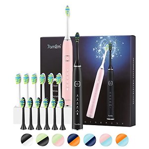 lot 81179 image: 7Am2M Electric Toothbrush 2 Pack Set For Kids And Adults, 12 Brush Heads,5 Adjustable Modes, Built-In 2-Minute Smart Timer,Wireless Fast Charge For 60 Days,Ipx7 Waterproof Sonictoothbrush(BlackPink)
