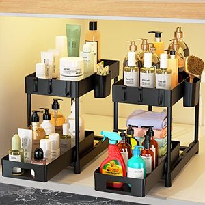 lot 81186 image: Under Sink Organizers And Storage, 2 Pack Multi-Purpose Under Sink Organizer With Sliding Storage Drawer With 8 Hooks And 2 Hanging Cups, 2 Tier Under Sink Storage For Cabinet Bathroom Kitchen, Black