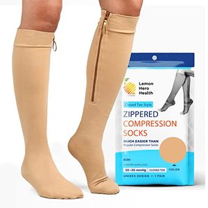 lot 81262 image: Zipper Compression Socks For Women And Men Closed Toe 20-30 Mmhg Medical Zippered Compression Socks With Zip Guard For Skin Protection - 3Xl, Beige