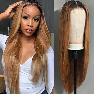 lot 81289 image: Yiweyowe Ombre Brown Human Hair Wig For Women Straight 4X4 Lace Closure Wig Top Swiss Lace With Baby Hair Black To Dark Brown Tow Tone Wig For Women Grade 8A Human Hair Wigs 14 Inch