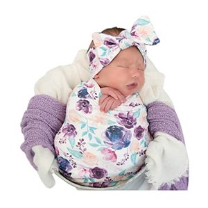 lot 81295 image: Terriboo Newborn Floral Print Blanket Baby Stretch Wrap Swaddle Blanket Receiving Blanket With Matching Headband And Beanie
