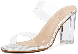 lot 81309 image: Katliu WomenS Clear Heeled Sandals Snakeskin Print Transparent Chunky Heel Mules White