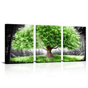 lot 81311 image: Sechars 3 Piece Tree Canvas Wall Art Black And White Green Tree Painting On Canvas Modern Spring Forest Sunlight Landscape Picture Artwork For Living Room Bedroom Decoration (Small)