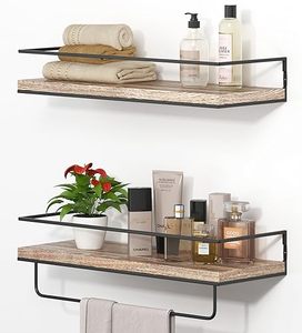 lot 81320 image: Shario Rustic Wood Floating Shelves - Set Of 2, Wall Mounted Hanging Shelves With Black Towel Rack, Decorative Storage Shelves For Bathroom, Kitchen, Living Room & Bedroom (Light Brown)