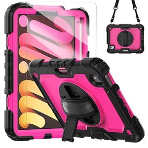 lot 81334 image: Blosomeet New Ipad Mini 6Th Generation Case 2021 8.3 Inch With Tempered Glass Screen Protector & Pencil Holder For GirlsRugged Kids Ipad Mini 6 Cover For Teachers WStand Hand Shoulder Strap Rosered