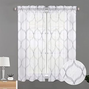 lot 81341 image: Caromio Sheer Curtains Grey Moroccan Pattern Curtain Panels For Living Room Window Treatment Set Linen Curtain Drapes Farmhouse Curtains For Bedroom Nursery Office Home Decor, 52 W X 63 L Grey