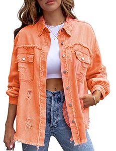 lot 81352 image: Omoone WomenS Ripped Distressed Denim Jacket Casual Long Sleeve Boyfriend Jean Coat Basic Trucker Jackets (3536-Orange-M)