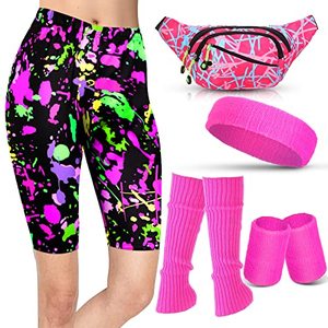 lot 81372 image: Hicarer 5 Pcs Women 80S Costume Set Splash Printed Short Leggings Retro 80S Fanny Pack Outfit For Halloween 80S Cosplay Party (L Size)