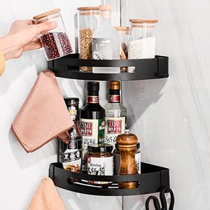 lot 81383 image: Qcsjxx Triangle Shower Corner Caddy Bathroom Shower Corner Shelf With Two Hooks, Self Adhesive With Glue Or Wall Mount With Screws,Aluminum 2 Tier Storage Shelves Triangle Baskets,Black Finish