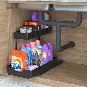 lot 81386 image: Dekava Under Sink Organizer L-Shape , 2 Tier Sliding Cabinet Organizer, Narrow Space Under Storage For Kitchen Bathroom (1)