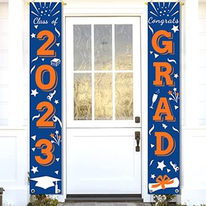 lot 81398 image: Graduation Porch Banner Class Sign Congrats Grad Hanging Flags High School College University Party Decoration For Front Door Outdoor Blue Orange