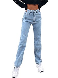 lot 81400 image: Sweatyrocks WomenS Casual High Waisted Straight Leg Boyfriend Jeans Denim Pants Light Wash S