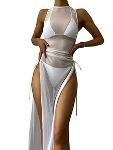 lot 81404 image: Verdusa WomenS Swimsuit Mesh Cover Up High Split Drawstring Bikini Long Dress White L