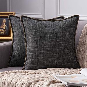 lot 81411 image: Miulee Pack Of 2 Decorative Throw Pillow Covers Farmhouse Modern Trimmed Cord Linen Burlap Cushion Cases Vintage Decor Pillowcases For Couch Sofa Bedroom 20 X 20 Inch Black