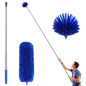 lot 81417 image: Ceiling Fan Duster With Extension Pole, Cobweb & Corner Brush Cleaning Kit W 2 Duster Heads For Cleaning,15-100 Inch Long Handle Aluminum Telescoping Pole, WashableBlue