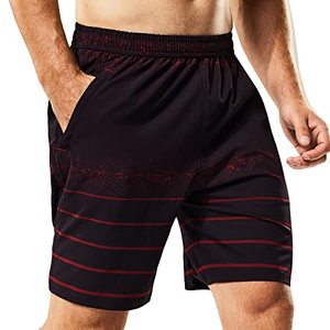 lot 81423 image: Mier MenS Athletic Quick Dry Running Shorts With Zipper Pockets 7 Elastic Waist Gym Exercise Fitness Sports Board Workout Shorts Without LinerBrief, BurgundyRed Stripe, Medium