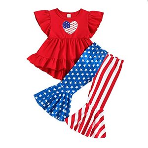 lot 81424 image: Baby Girl 4Th Of July Outfit Ruffle Heart Top American Flag Bell-Bottom Pants Summer Pants Set For 3-24 Months