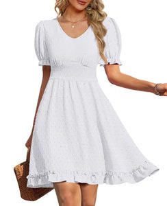lot 81427 image: White V Neck Dresses Short Sleeve Dresses Swiss Dot For Women Trendy 2023 L Large