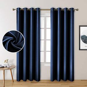 lot 81429 image: Homeideas 2 Panels Faux Silk Curtains Navy Blackout Curtains For Bedroom 52 X 84 Inch Blue Room Darkening Satin DrapesCurtains, Thermal Insulated Blackout WindowIndoor Curtains For Living Room
