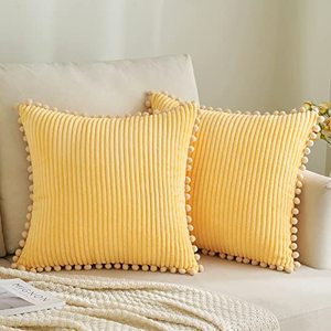 lot 81433 image: Miulee Boho Decorative Throw Pillow Covers With Pom-Poms, Soft Corduroy Square Solid Cushion Cases For Couch Sofa Bedroom, 18X18 Inch Light Yellow