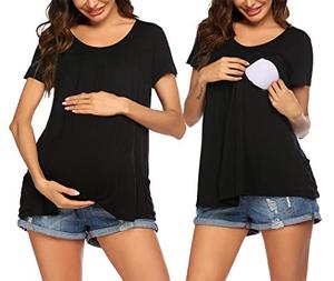 lot 81440 image: Ekouaer Pregnancy Tops Women Nursing Maternity Shirts Cotton Short Sleeve Hospital Breastfeeding Blouses Summer Black Xxl