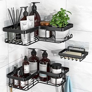 lot 81451 image: Yasonic Corner Adhesive Shower Caddy, With Soap Holder And 12 Hooks, Rustproof Stainless Steel Bathroom Organizer, No Drilling Wall Mounted Rack, Black, 3-Pack
