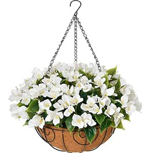 lot 81487 image: Artificial Flowers Hanging Basket, Fake Hanging Plant Silk Bougainvillea Flowers, Faux Flower Arrangement For Outdoor Indoor Garden Yard Porch Patio Indoor Home Decoration (White)