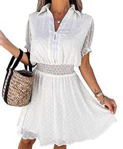 lot 81501 image: Prettygarden WomenS Summer Dress Casual V Neck Short Sleeve Swiss Dots Elastic Waist A-Line Flowy Mini Dresses(White,Large)