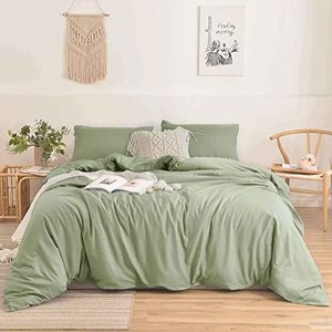 lot 81507 image: Nanko Queen Duvet Cover Set Sage Green Light Green 3Pc 90X90 Luxury Microfiber Comforter Quilt Bedding Cover With Deco Buttons Zip Closure Ties - Modern Elegant Style For Men And Women Chambray Teen