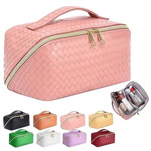 lot 81517 image: Zauknya Large Capacity Travel Cosmetic Bag - Makeup Bag, Portable Leather Waterproof Women Travel Makeup Bag Organizer, With Handle And Divider Flat Lay Checkered Cosmetic Bags (Walnut Pink)
