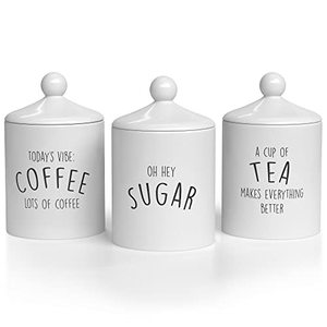 lot 81521 image: Barnyard Designs Canister Sets For Kitchen Counter, Decorative Coffee Tea Sugar Container Set, Rustic Farmhouse Canisters Ceramic Jar, White, Set Of 3