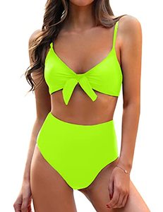 lot 81549 image: Blooming Jelly Womens High Waisted Bikini Set Tie Knot High Rise Two Piece Swimsuits Bathing Suits (Small, Neon Green)