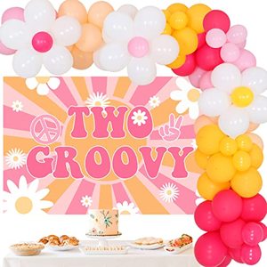 lot 81553 image: Two Groovy Birthday Decorations Girl - Hippie Boho Groovy Photography Backdrop Hot Pink Daisy Flower Balloon Garland Arch Kit, Pastel Colorful Balloons For Groovy Retro 2Nd Birthday Party Supplies